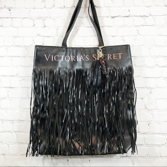 Victoria Secret black faux leather fringe tote - Picture 2 of 5